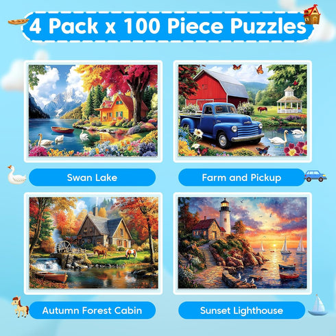 100 4 5-8 4-6 6-8 8-10 4-Pack Piece Puzzles - Themed Landscapes Large Piece Puzzles for Senior Adults Kids Puzzle Ages
