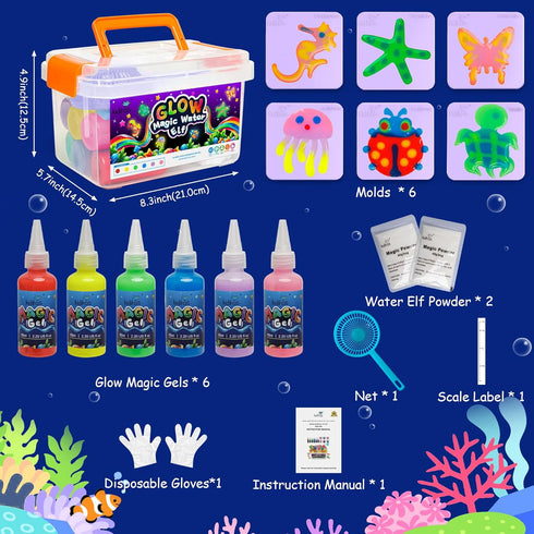Kiditos Glow in The Dark Magic Water Elf Toy Kit, Aqua Fairy Water Gel Kit with 6 Colors and Molds