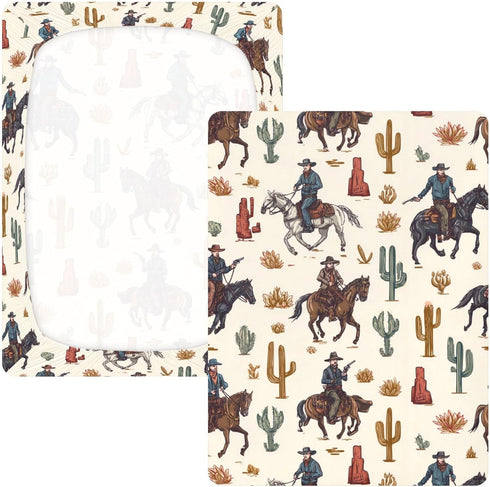Mazeann 52" 28" 9" Western Cowboy Retro Cacti Crib Sheets Soft Breathable Fitted Cotton Baby Crib Sheets Mattress Cover