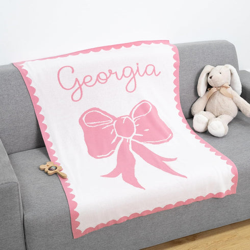 Personalized Name Knit Baby Blanket Custom Woven Bow Design Soft Minimal Comfort Throw for Newborn Infant Toddler