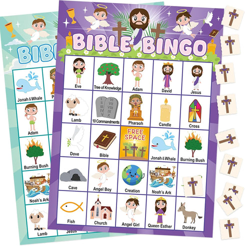 WorldBazaar Bible Bingo Game for Kids 24 Players Spring Jesus Christian Bingo