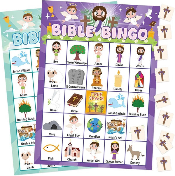 WorldBazaar Bible Bingo Game for Kids 24 Players Spring Jesus Christian Bingo