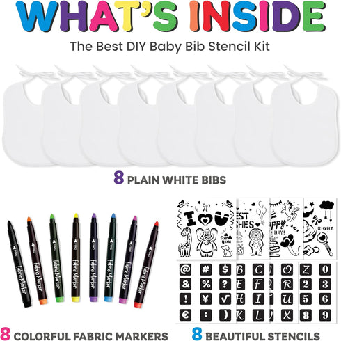 Baby Bibs Set - 2 Ply Knit Terry Solid White Feeder Bibs - Kit Includes, 8 Bibs, 8 Fabric Markers, 8 Stencils, Baby Gifts - Registry For Baby - Gender Reveal - Gift for Baby Party - Baby Shower Game