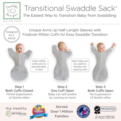 SwaddleDesigns Transitional Swaddle Sack with Arms Up, Half-Length Sleeves & Mitten Cuffs, Small, 0-3 months