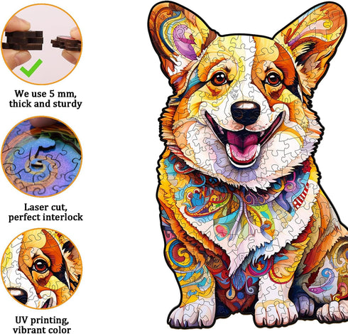Wooden Puzzles for Adults, Clever Corgi Wooden Jigsaw Puzzles, Unique Animal Shape Wood Cut Puzzles