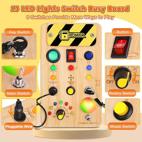 1-6 TINTECUSA Busy Board Montessori Toys for Toddler, Wooden Sensory Board Switch Toy with Color-Changing LED Light Up