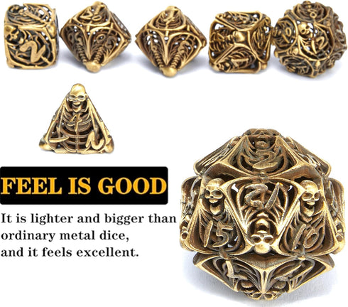 Metal Skull Dice Set, Hollow Multi-Sided Dungeons & Dragons Dice, 7CPS Role-playing Dice Set, Ancient Bronze