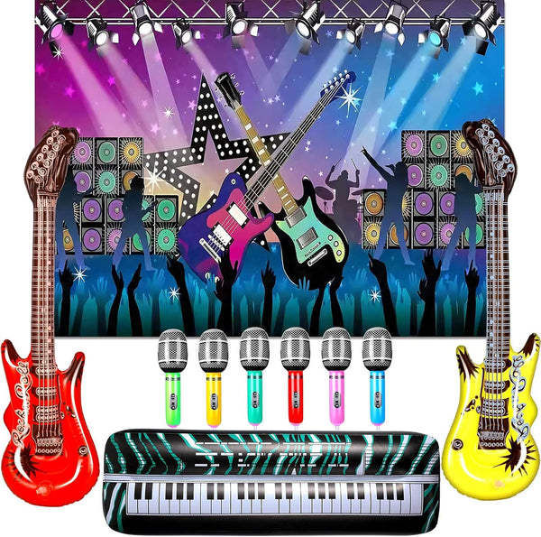Inflatable Rock Star Toy Set - 80s 90s Party Decorations, Blow Up Musical Instrument Props for Rock Party Favor