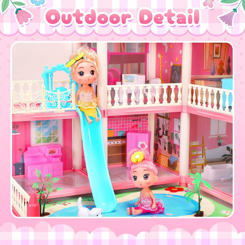 AmiDear 4-Story 11 Playset 3 4 5 6 7 8 9 10 Dollhouse with Rooms, Dream Gift Princess Doll House with Furniture Pool