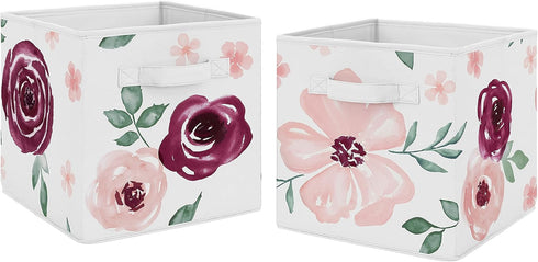 Sweet Jojo Designs Burgundy Watercolor Floral Foldable Fabric Storage Cube Bins Boxes