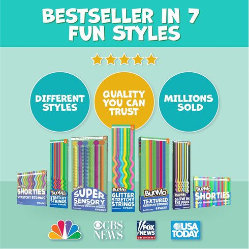 BUNMO Sensory Toys Stretchy Strings - Fidget Toys for Toddlers 3+, Glitter 6 Pack for Hours of Fun