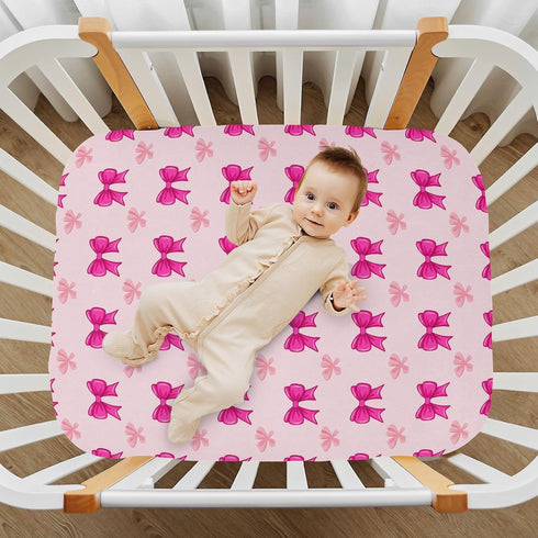 SDMKA 27x39 Inch Pink Bows Crib Sheets for Boys Girls - Portable Microfiber Fitted Crib Sheet for Playard and Mini Crib