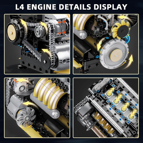 L4 Sets 4-Cylinder 14+ (853 Engine Building for Adults, MOC Inline Mini Car Motor Model Kit that Runs, DIY STEM Toy
