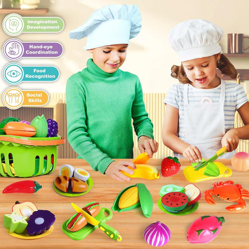 100 2 2 3 4 5 PCS Cutting Play Food Toy for Kids Kitchen, Pretend Food Kitchen Toys Accessories with Baskets, Fake