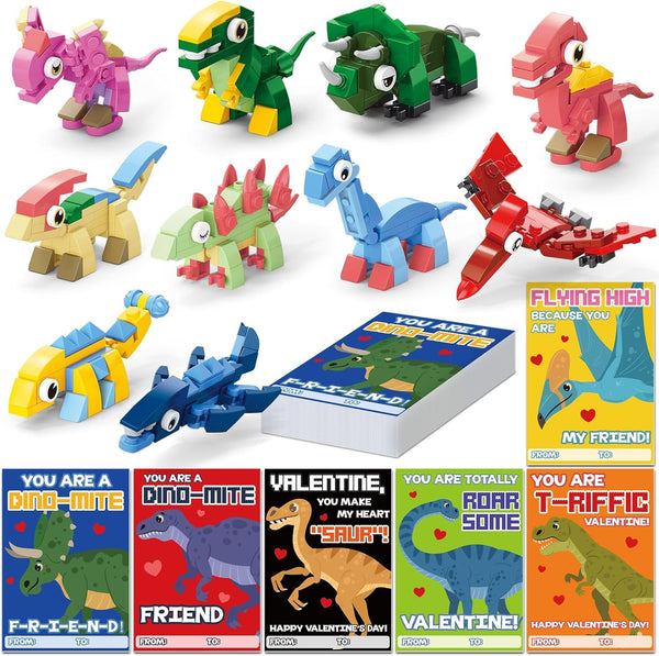 Qumic Valentines Day Cards for Kids School - 30 PACK Dinosaur Building Block