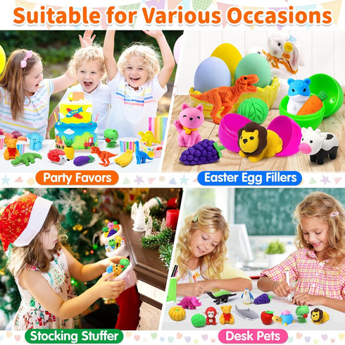 Arscniek 40 Pack Pencil Erasers for Kids, Bulk Toys, Puzzle Animal Erasers, 3D Mini Erasers, Party Favors