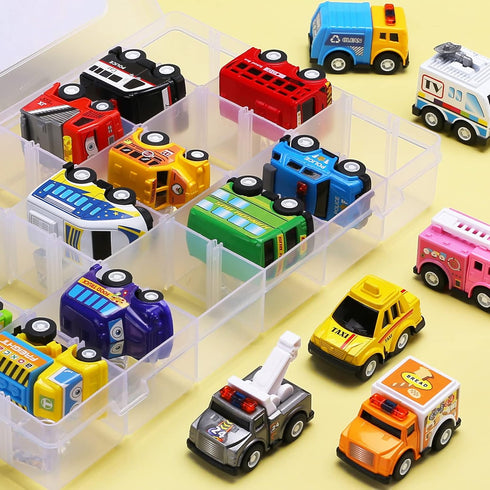 18 Pack Assorted Pull Back Car Toys with Storage Organizer Box, Mini Vehicle Set for Child Toddler Birthday Gift