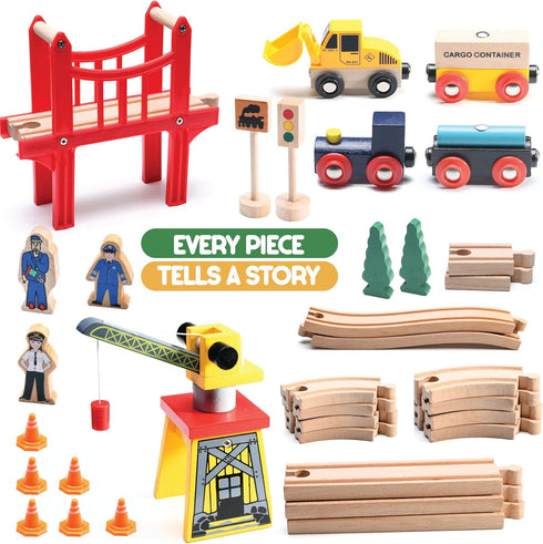 Play22 Set 38 Set 3-4 Wooden Train Toddler Toys - Pieces Wood Train Track for Toddlers Years with Crane, Bridge