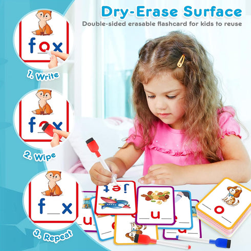 KMUYSL 104 Pieces Short Vowel Spelling Flashcards - CVC Sight Words Handwriting Cards for Kids 3-5 Years Old
