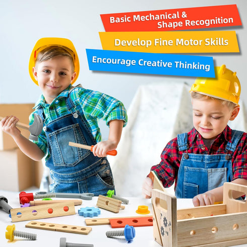 29PCS Set Set 2 3 4 5 AiTuiTui Kids Tool with Wooden Tool Box, Toddler Tool Montessori Pretend Play Construction Toys