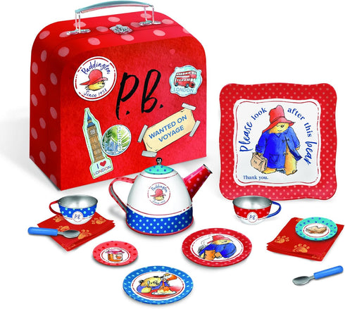 YOTTOY Paddington Bear Collection, 14-Piece Kids Tin Tea Set with Illustrations & Sturdy Carrying Case
