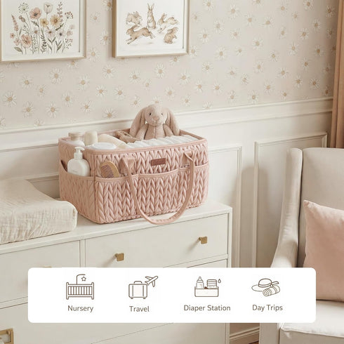 Konssy Braided Quilted Diaper Caddy Organizer, Boho Nursery Storage Basket with PU Leather Handles, Water-Repellent