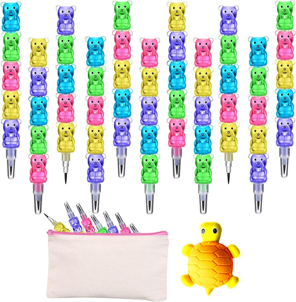 32pcs Stackable Bear Pencils for Kids, 5 in 1 Stacking Colored Pencils with Turtle Erasers & DIY Blank Bag for Birthday