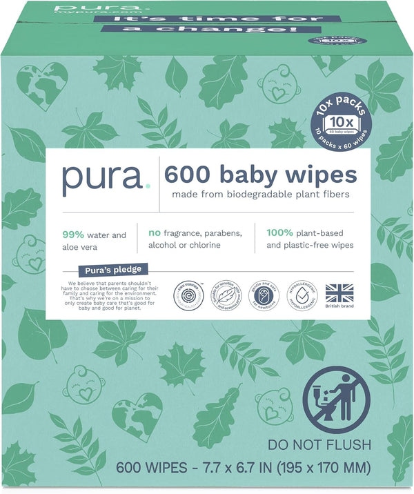 Pura Natural Sensitive Baby Wipes, 99% Water, Unscented & Hypoallergenic, Suitable for