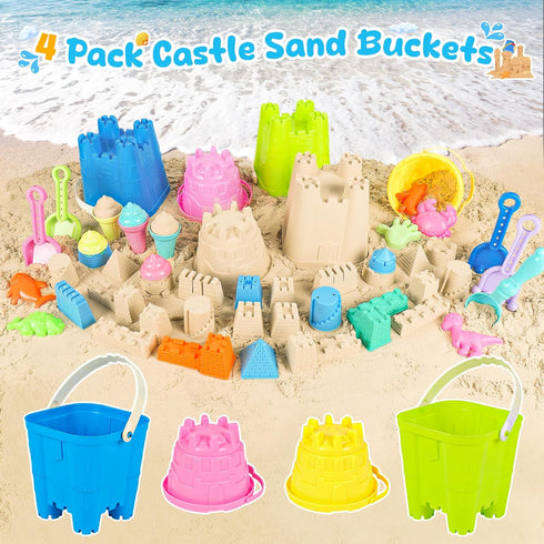 REZUCREY 4 3-10 Beach Toys for Kids Toddlers, Sand Castle Toys with Sand Bucket and Shovels, Mesh Bag & Molds, Ice