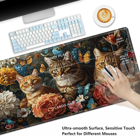 Playmat for MTG - Stitched Card Game Mat with Magic Zones, 24 x 14 inches - Cat Hydrangea Flower