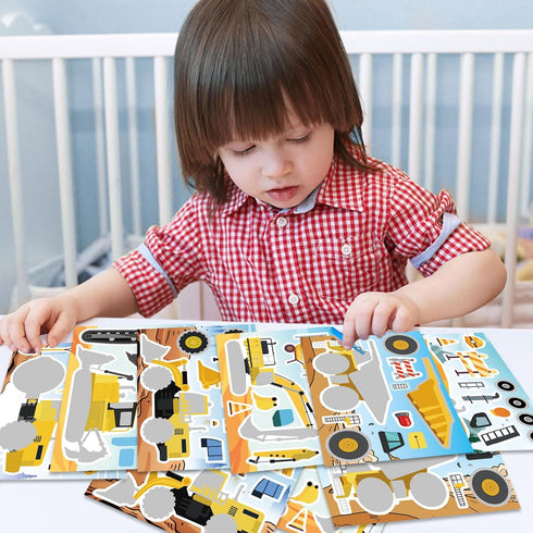 OTAITY 24 Sheets Make Your Own Construction Vehicle Stickers for Kids Boys, Make-a-Face Engineering Vehicles Fire