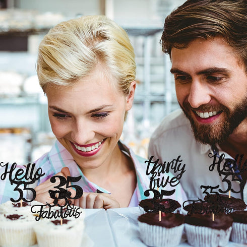 24 PCS 35th Birthday Cupcake Toppers, Hello 35 Cake Topper Thirty Five & Fabulous Cupcake Picks Decorations