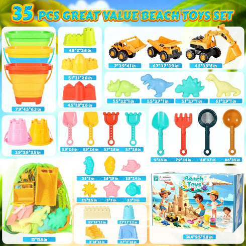 35PCS 3 Bucket,3 2 3-10 Beach Toys for Kids Sand Toys with Collapsible Dump Truck,Beach Shovel,Sand Castle Building