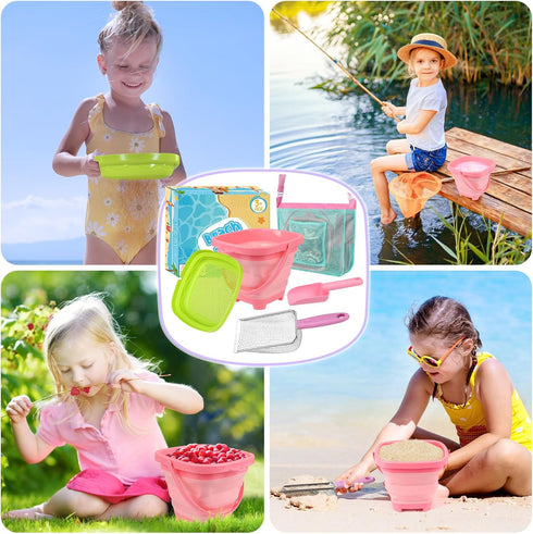 FHOZGECY Beach Toys, Sand Toys with Collapsible Bucket, Sand Sifter, Beach Mesh Shovel, Shark Tooth Sifter and Mesh Bag