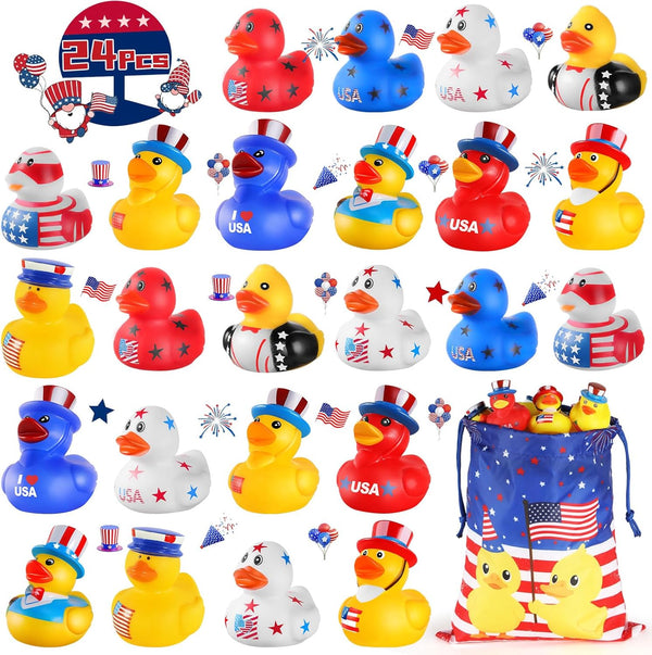 SCIONE Patriotic Rubber Ducks - 24 Pcs Independence Day Novelty Funny Squeeze