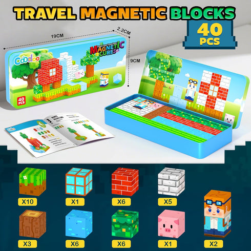 3+ Magnetic Blocks Kids Travel Toys with Portable Metal Tin Montessori Building Blocks STEM Magnet Magnetic Tiles