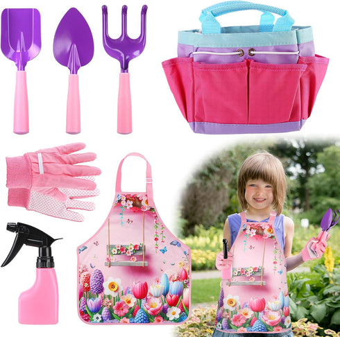 Kids Gardening Tool Set - Garden Tools with Shovel, Trowel, Rake, Apron, Gloves, Watering Can, Tote Bag (Pink)