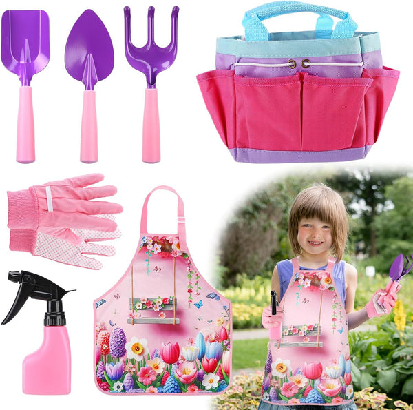 Kids Gardening Tool Set - Garden Tools with Shovel, Trowel, Rake, Apron, Gloves, Watering Can, Tote Bag (Pink)