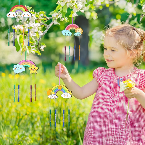 TREACLUB 12 Pack DIY Wind Chime Kit for Kids - Make Your Own Rainbow Coloring Star Moon Sun Arts and Crafts - Wooden