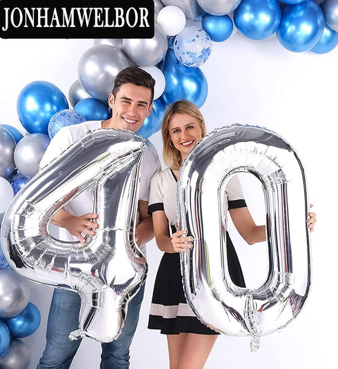 Jonhamwelbor 40 Number Balloons, Silver Giant Jumbo Foil Mylar Balloons for 40th Birthday Party Decorations