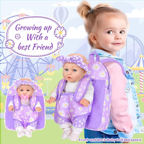 12" Backpack Accessories,12 Inch Set 3+ Flower Pattern Baby Doll With Carrier Can Store Clothes and Baby Dolls In Gift