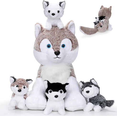 5PCS Wolf Plush Toys, 13.4 Inch Wolf Mom with Mini Babies, Stuffed Animal Family Set for Girls Boys Christmas