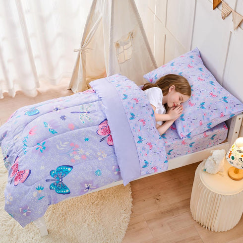 lasoftan Set 4 Sets, Set Set Butterfly Toddler Bedding for Girls, Piece Bed-in-a-Bag Toddler Comforter Super Soft