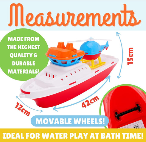 Toyland 17" 2+) Floating Tugboat Bathtub & Pool Toy for Toddlers Water Boat with Removable Helicopter, Durable