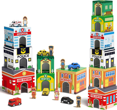 Coogam Montessori Sorting & Stacking Blocks with Nesting Garages Cars, Stackable Number
