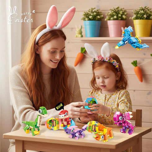 12 Sets 3-in-1 Set 36 Easter Basket Stuffer - Dinosaur Building with Prefilled Eggs for Easter Party Favors & Egg Hunt
