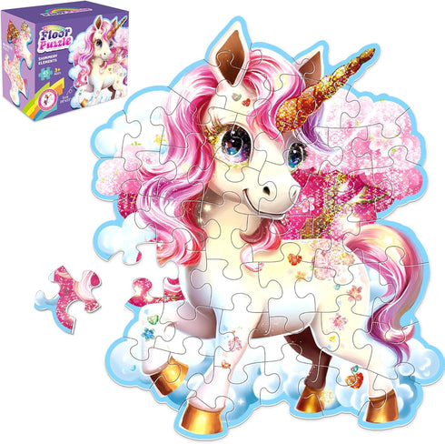 45pcs Shimmery Unicorn Shaped Jumbo Jigsaw Floor Puzzles for Kids Ages 3-5, Birthday Gift (28'' x 33'')