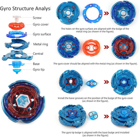 Gyros 6 Pieces Pack, Battling Tops Metal Fusion Starter Set with Stickers and Two Launchers for Kids Age 6+