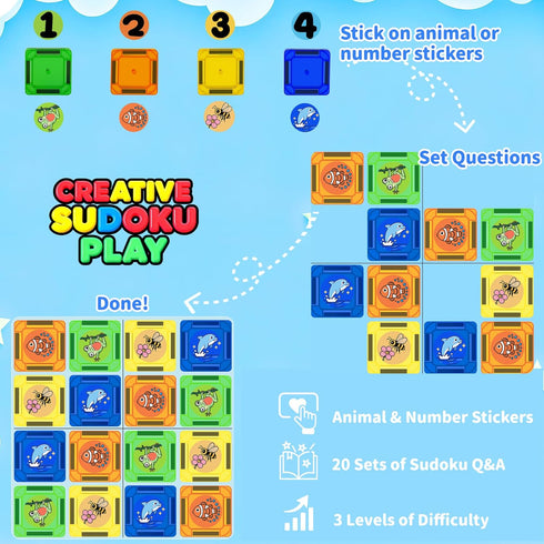 Set 42pcs, Mini Magnetic Tiles Travel with Case Bonus Sudoku Play, Mini Magnetic Blocks, Portable Travel Toy for Kids