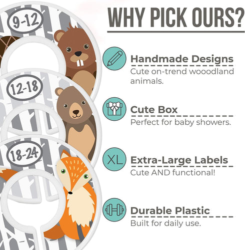 Woodland Nursery Closet Dividers for Baby Clothes - Baby Closet Size Dividers - Fox Deer Bear Hedgehog Decor -